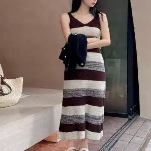 여성 배색 원피스 니트 브이넥원피스 캐주얼원피스 민소매 끈나시원피스 나시