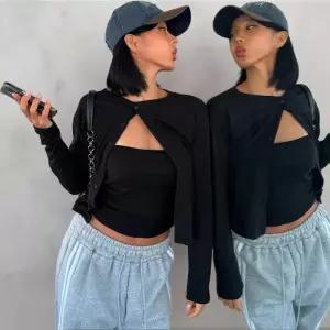 여성 셔링 크롭 기모 티셔츠와 가디건 세트