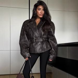 솔리드 라펠 칼라 가죽 숏 재킷 여성용 긴  벨트 지퍼 포켓 루즈 아우터웨어 2025  가을 데일리 코트