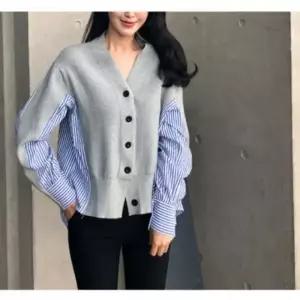 스트라이프 레이어드 배색 셔츠가디건 배색 일체형 세트 셔츠
