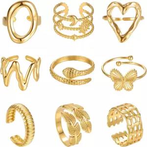 베티앤사라 9PCS 여성용 금반지 18K 금도금 청키 조절식 스태킹 링 오픈 너클 세트 선물