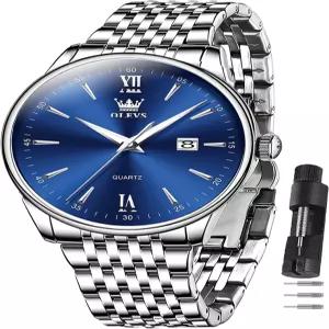 OLEVS 남성용 시계 클래식 실버 방수 스테인리스 스틸 로마 숫자 읽기 쉬운