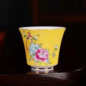 레트로 플라워 디자인 다기 찻잔 옐로 컬러 티잔