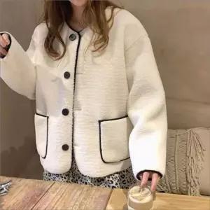 여자 인조양털 아우터 가디건 뽀글이 플리스 배색 라운드넥