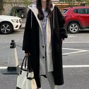 [하프클럽/셀러허브_여성트랜드패션]여성 겨울 여성코트 블랙 뽀글이 후드