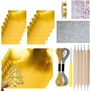 공예용 금속 엠보싱 아트 키트용 시트 액세서리(골드) 와이어 도구, 장식용 공예 15개, 호일 2개, 롤 반짝이는 조각
