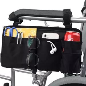 컵 홀더 및 다중 포켓이 있는 휠체어 사이드백 보행기 롤레이터 전동 스쿠터용 조절 가능한 프리미엄