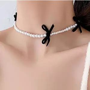 여성 벨벳 진주 리본 초커 레이어드 목걸이 벨벳초커여성 진주목걸이레이어드