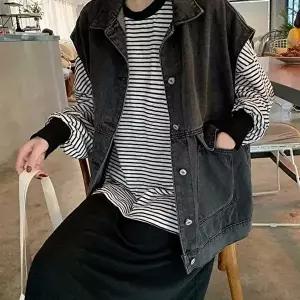 여자간절기아우터 여자 조끼 베스트 레이어드 간절기 아우터 흑 청 데님