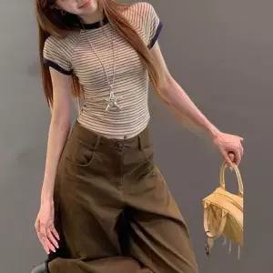 여성용 데일리 스트라이프 배색 쫀쫀 크롭 반팔 티셔츠