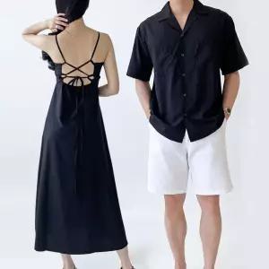 [퍼니메이커]바캉스 휴양지 여행룩 남자 셔츠 여자 원피스 커플룩 커플휴양지룩 하와이안커플룩 하와이커플