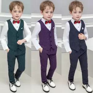 매트 스트라이프 도트 라인 4버튼 양장 조끼 정장 세트.