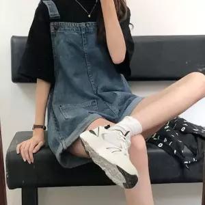 여성 빅포켓 중청 데님 멜빵바지 1P 롤업 청반바지 EpE6+1JwV