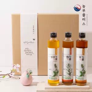 농부플러스 국산 냉압착 생들기름 저온착유 들기름 참기름 300ml 3병 선물세트