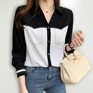 [퀸이즈] 55부터 77까지 릴라 심플 배색 자수 블라우스/셔츠