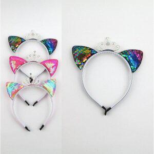 국산 KC 인증 유아동 스팽글 고양이 헤어밴드 여아 왕관 머리띠   0385