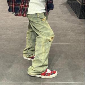 남성용 아메리칸 스타일 슬림 피트 청바지 트렌디 브랜드 인 스트레이트 레그 바이브 슬리밍 힙합 찢어진