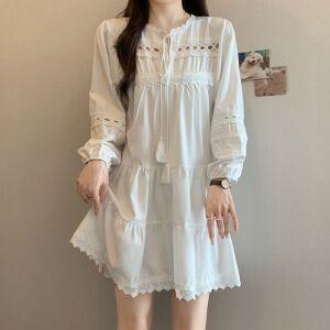 스타일아유 여성용 로맨틱한 프렌치 리본 레이스 펀칭 퍼프소매 원피스 데이트룩 OP2113