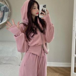 여성 트레이닝 투피스 크롭 후드집업 하이웨스트 와이드 팬츠 세트 꾸안꾸 데일리룩