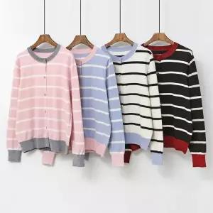 [하프클럽/]파스텔 핑크가디건 여성 스트라이프니트 라운드넥