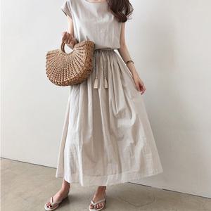 코튼 민소매 롱 원피스 립라인 허리 스트링 여름 원피스 루즈핏원피스 빅사이즈원피스 바캉스룩 휴양지룩