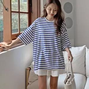 [하프클럽/]여성 오버핏 단가라 레이온 드롭숄더 반팔 티셔츠