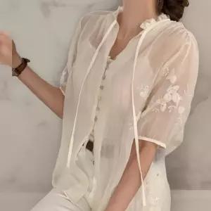 여성 스팽글 꽃 패턴 단추 시스루 리본 자수 블라우스