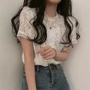 [하프클럽/]여자 시스루 레이스 반팔 블라우스 LDW-BLH-SSIS472-화이트