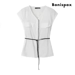 [롯데백화점]보니스팍스 노카라 스티치 슬리브리스 벨트 블라우스 (XP6SH033M0)