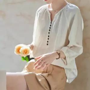 여성 여름 린넨 버튼 트임 노카라 절개 블라우스