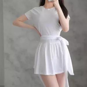 여성 심플 면 허리끈 리본 반팔 미니 드레스