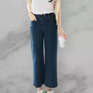 여성 투버튼 일자 와이드핏 뒷밴드 신축성 청바지 가을용