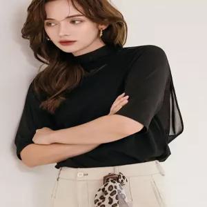 [막스까르띠지오]쉬폰 레이어드 하이넥 반팔 티셔츠