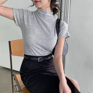 여성 심플 레이온 스판 반목 기모 반팔 티셔츠