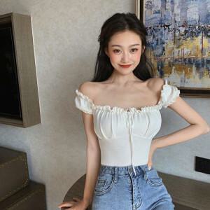 여성 오프숄더 프릴 퍼프소매 셔링 티셔츠 데일리룩 스모크탑 블라우스 2color