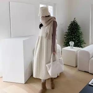 겨울 누빔 패딩 뷔스티에 리본 롱 원피스 골덴 조끼 누비 임부복 Ce170