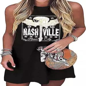 내슈빌 뮤직 시티 미니 드레스 여성 컨트리 록 밴드 민소매 빈티지 기타 윙 그래픽 티셔츠