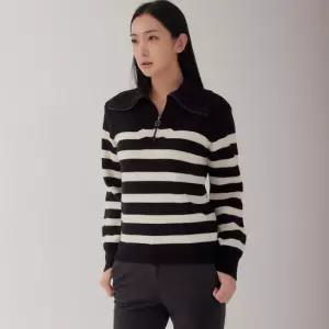 [지센] [24FW] 여성 스트라이프 하프집업 니트 풀오버 LCKTOA30_BK