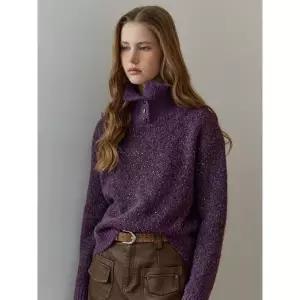 [하프클럽/]스팽글 믹스 버튼 하이넥 카라 니트