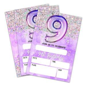 9번째 생일 초대장 홀로그램 풍선 양면 채우기 스타일 봉투 글리터 퍼플 9세 파티 취향 및 용품 A16