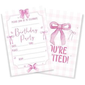 봉투 20개 세트가 포함된 VGoghex 핑크 보우 생일 파티 초대장 용 6 x 4 인치 양면