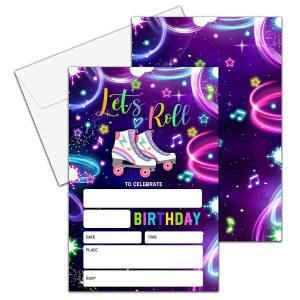 YQV 생일 초대장 4 x6 네온 롤러스케이트 파티 글로우 스케이트 장식 용품 봉투 20개 C08