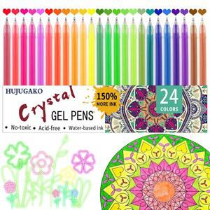 [미국배송] 후주가코 네온 젤 펜 24개의 컬러 크리스탈 펜 0.8-1.0MM 팁 성인용 컬러링북 드로잉 낙서 공예 스크랩북 총알 저널링