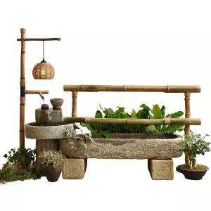 ㄱ자형 대나무분수 소형과 수반 통나무 물이 직사각 정원꾸미기 홈가드닝 미니분수대