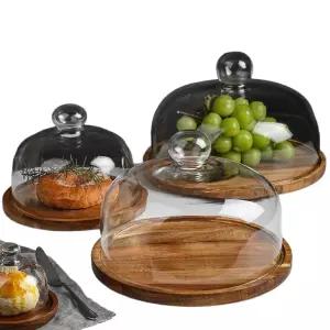 케이크 디저트 진열 트레이 유리돔 원형 우드 플레이트