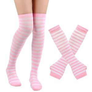 반토 트 여성 스트라이프 무릎 하이 스타킹 팔 워머 핑거리스 장갑 구멍 신축성 세트 핑크 화이트