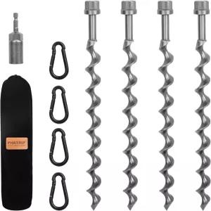 11.5인치 지상 앵커 나사 고정 카라비너 및 파워 너트 드라이버 드릴 비트가 포함된 4팩 헤비 듀티 텐트