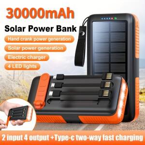 태양광 충전기 30000mAh, 듀얼 출력 및 입력이 있는 휴대용 손으로 돌리는 배터리, 야생 생존 장비