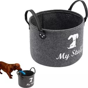 강아지 장난감 바구니 회색 애완동물 원형 보관함 32cm × 23cm 크기의 손잡이가 있는 정리함
