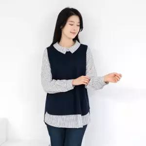 엄마옷 스트라이프 카라 배색 블라우스 1GHJ24171 중년여성 마담 60 70대  빅사이즈 할머니